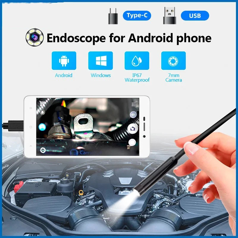 TYPE-C Endoscope Camera with 6 Adjustable Leds USB Android Flexible Inspection Borescope for Phone PC 7MM Diameter