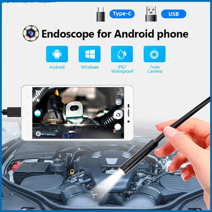 TYPE-C Endoscope Camera with 6 Adjustable Leds USB Android Flexible Inspection Borescope for Phone PC 7MM Diameter